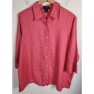 Mercer & Madison Women's Sz. 1X Pink 100% Linen Button Up 3/4 Sleeve Top